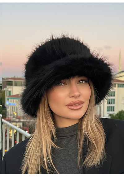 Mollycrush Luxury Peluş Bucket Kalpak Şapka Kışlık Suni Kürk Siyah Kadın Şapkası Siyah