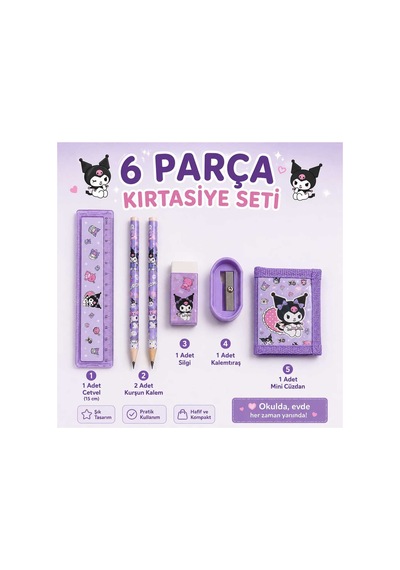 6 Parça Mor Sevimli Karakter Kırtasiye Okul Seti