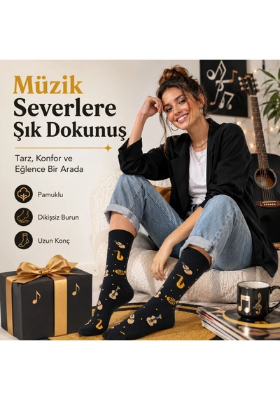 DS Wak Müzik Enstrüman Desenli Kadın Soket Çorap 36-40 Pamuklu Dikişsiz Burun Siyah Uzun Konç Hediyelik