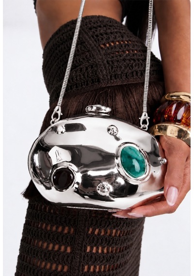 Aylesh Gümüş Metalik Taş Detaylı Zincir Askılı Clutch Çanta Gümüş Gümüş