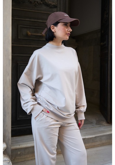 Mezka Regular Fit 2'li Takım Sweatshirt Beli Lastikli Jogger Eşofman Altı Bej