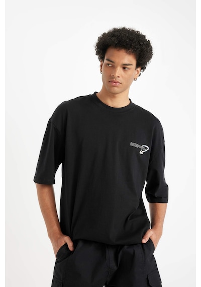 DeFacto %100 Pamuk Siyah Loose Fit Bisiklet Yaka Sırt Baskılı Kısa Kollu Tişört B8949AX24AUBK81