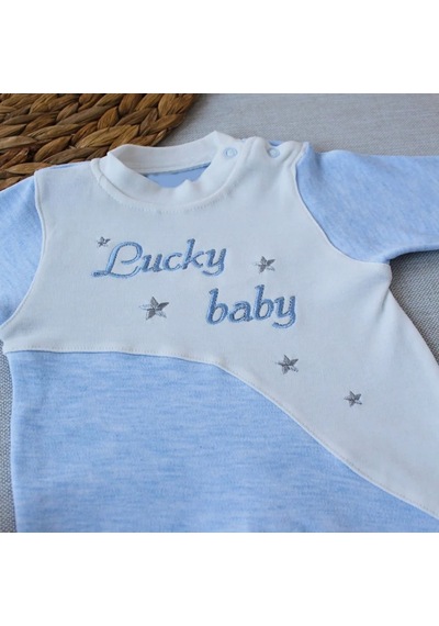 Candar Lucky Baby Nakışlı Çizgili Şapkalı Erkek Bebek Tulumu 0-3 / 3-6 Ay Mavi