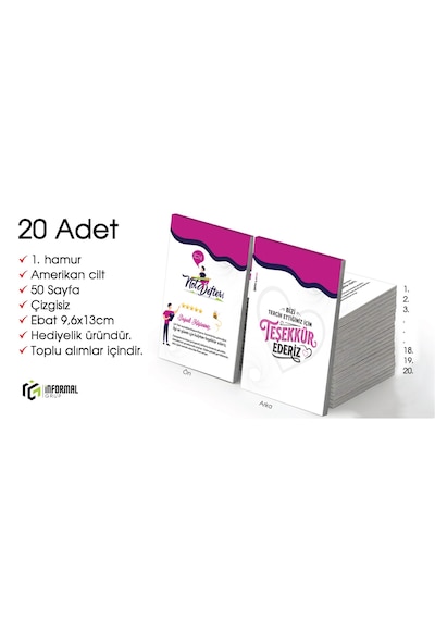 İnformal 20 Adet Çizgisiz Mini Not Defteri 9x13 Cm 1.hamur Amerikan Cilt 50 Sayfa Mor - Beyaz