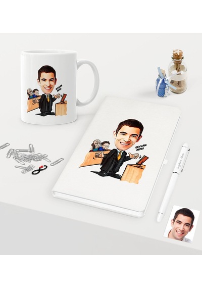 Kişiye Özel Bay Avukat Karikatürlü Beyaz Defter Kalem Kupa Seti - N11.254