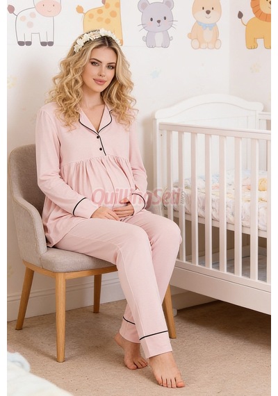 Lady Bebe Pembe Renkli Kol Ve Paçaları Manşetli, 33202 Uzun Kol, 2 Parça Lohusa Hamile Pijama Takımı Açık Pembe