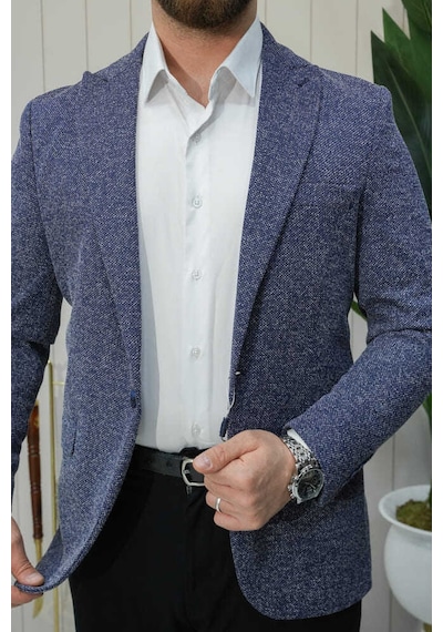 Bys Beystil Sivri Yaka Kırçıllı Lacivert Blazer Ceket Britanya - Slim Fit
