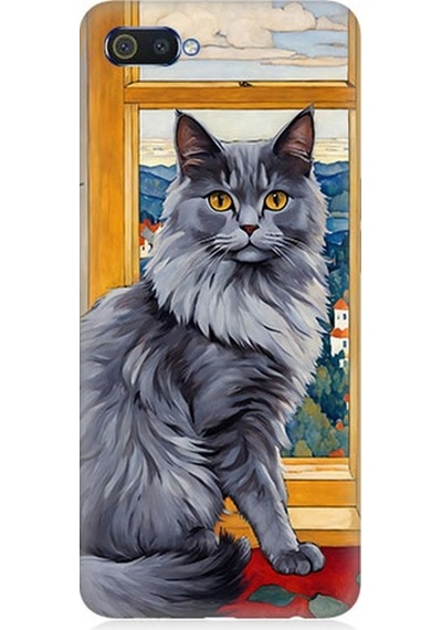 Realme C2 Uyumlu Kül Rengi Tüylü Kedi Desenli Silikon Kılıf