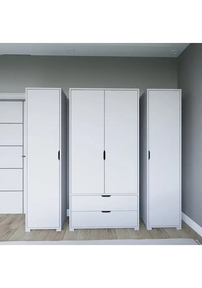 Duru Mat Beyaz 4 Kapılı 2 Çekmeceli Elbise Dolabı - Gardırop Seti Beyaz