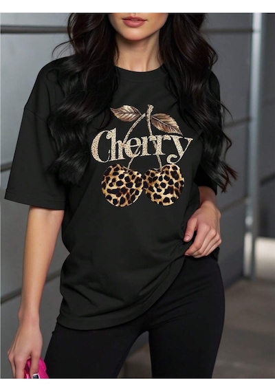 Uyguntarz Unisex Leopar Desenlı Vişne Baskılı Tasarım Tshirt Siyah