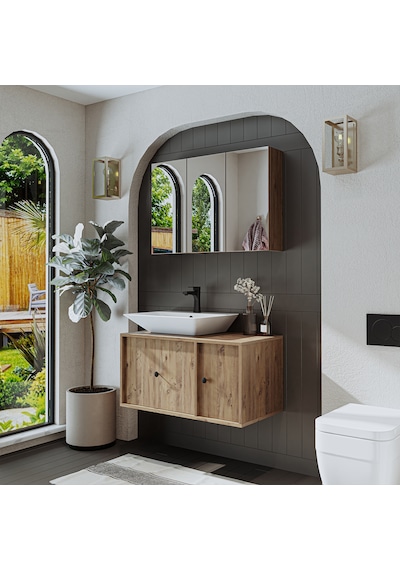 Çanak Lavabolu Mat Mdf 90 Cm Banyo Dolabı + Aynalı Dolap Atlantik Atlantik Çam