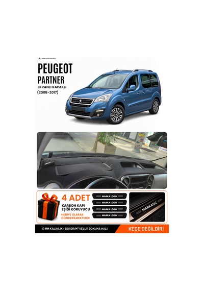 Peugeot Partner Ekranlı Kapaklı 2008-2017 Uyumlu Torpido Örtüsü, Torpido Kılıfı - Siyah - Pe022