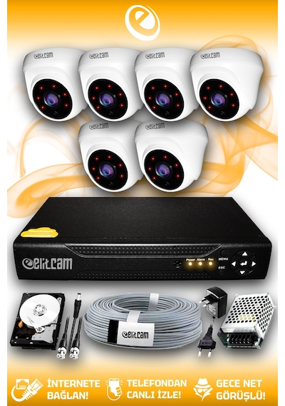 Elitcam 6 Kameralı Dome 6 İç Kamera Set 2 TB HDD Full HD Gece Görüşlü Güvenlik Kamerası Sistemi