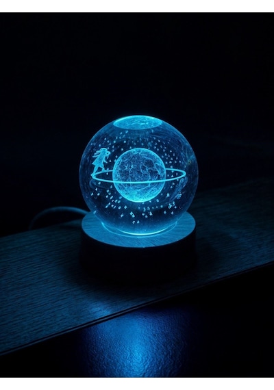 Satürn Kız Temalı Kristal Küre Renkli Rgb Led Ledli Usb'li Ahşap Standlı 3d Oda Masa Ve Gece Lambası Çok Renkli