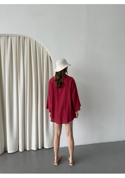 Laluvia Bordo %100 Keten Bağcık Detaylı Kimono Bluz - 5218 Bordo