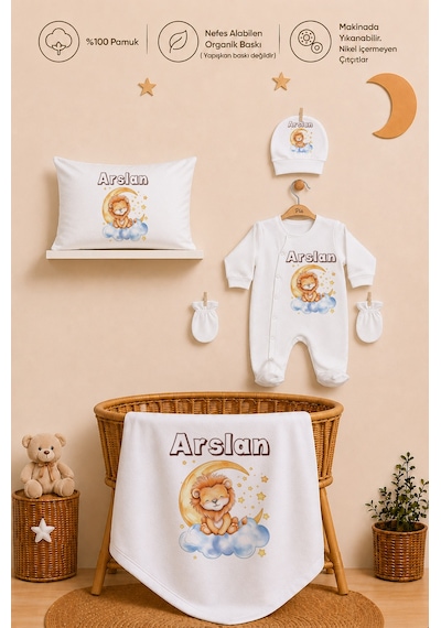 Pia Baby İsme Özel Erkek Bebek Hastane Çıkışı 5 Parça Tulum Seti %100 Pamuk Organik Baskılı 1016tyb0x Ekru
