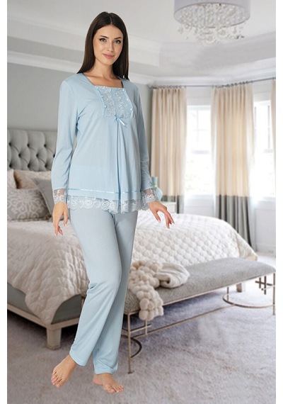 Effortt Mayss Collections 3045 Mavi Renk Lohusa Pijama Takımı Mavi