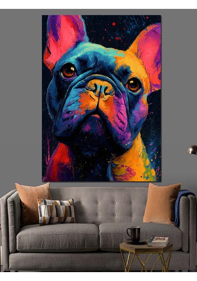Ahşap Tablo Renkli Fransız Bulldog Köpek