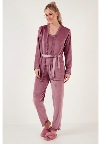 Lela Regular Fit Dantelli Yumuşak Dokulu Sabahlıklı Kadife Bayan Pijama Takımı 6095545 Pudra