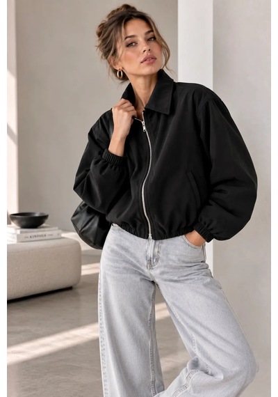 Bb Butik Basic Mevsimlik Fermuarlı Bomber Ceket Oversize Rahat Kalıp Fs3434 Siyah