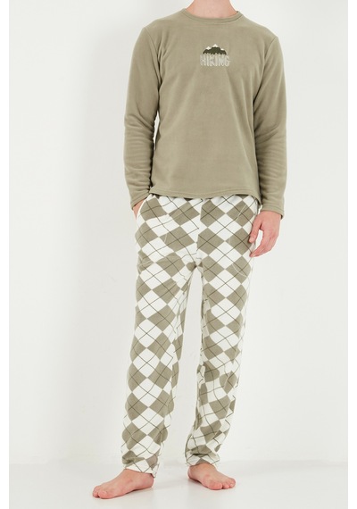 Buratti Ekoseli Bisiklet Yaka Yumuşak Dokulu Polar Pijama Takımı Erkek Pijama Takımı 6097064 Gri