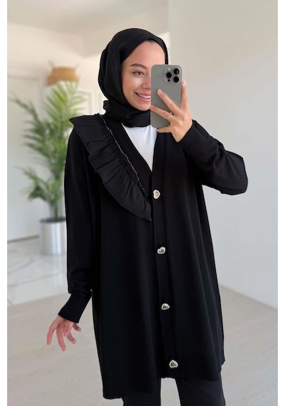 Ka Hijab Omzu Fırfır Merserize Hırka - Siyah Siyah
