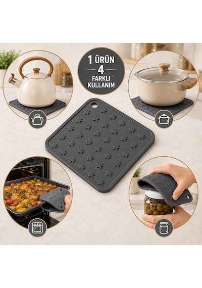 Antrasit Silikon Nihale 16x16cm Çok Amaçlı Tencere Tava Altlığı Fırın Tepsi Tutacağı Kavanoz Açacağı