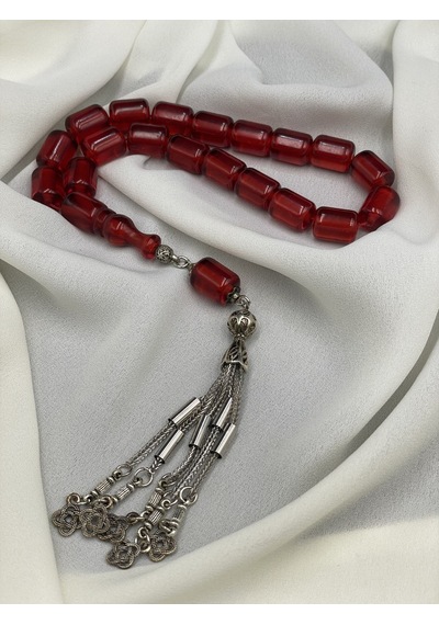 Efe Boy Alpaka Çoklu Püsküllü Çubuk Kesim Kırmızı Ateş Kehribar Tesbih 11x14 Mm