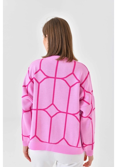 Park Karon Kadın Bisiklet Yaka Desenli Oversize Triko Kazak 224403 Pembe