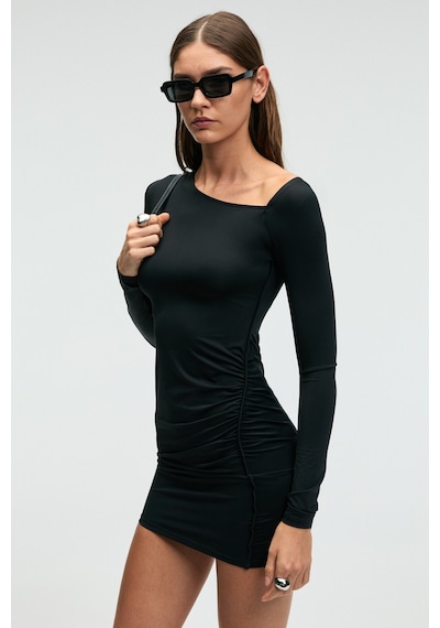 Grımelange LUKKID Kadın Esnek Kumaşlı Asimetrik Yakalı Slim Fit Siyah Elbise