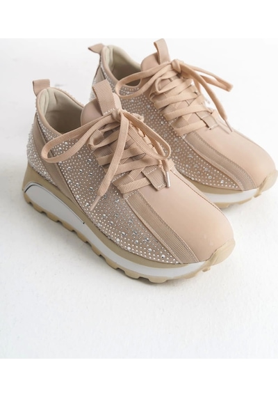 Alya Bağcıklı Ortopedik Taban Taşlı Kadın Sneaker Spor Ayakkabı Bt - Krem Krem