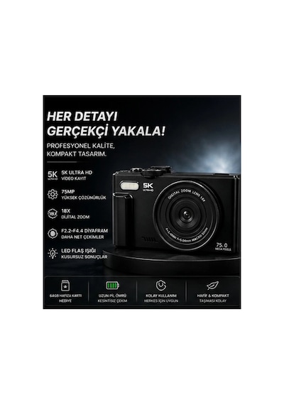 5k 75mp Hd Dijital Kamera 18x Dijital Zoom, Flaşlı,3.0 İnç Ekranlı Fotoğraf Makinesi Çok Renkli
