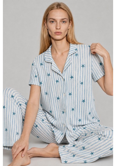 Kadın Kısa Kollu Rahat Mavi Pijama Takımı 4728