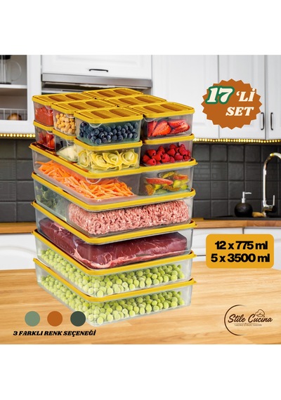 17'li Buzdolabı Düzenleyici Organizeri Mikrodalgaya Uygun Difriz Saklama Kabı 5x3500ml 12x775ml Turuncu
