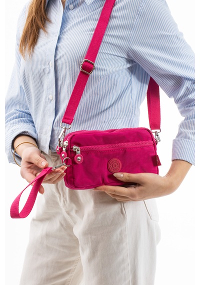 Nemo Bags Fuşya Unisex Cüzdan, 4 Gözlü, Telefonluk, Crinkle Kumaş, Çapraz Askılı Omuz Çantası, 20x12cm Fuşya