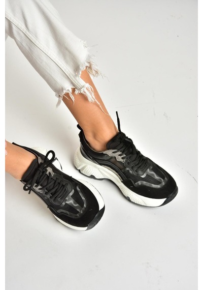 Fox Shoes U973568209 Siyah Kalın Tabanlı Spor Ayakkabı Sneakers Siyah-suni Deri Siyah