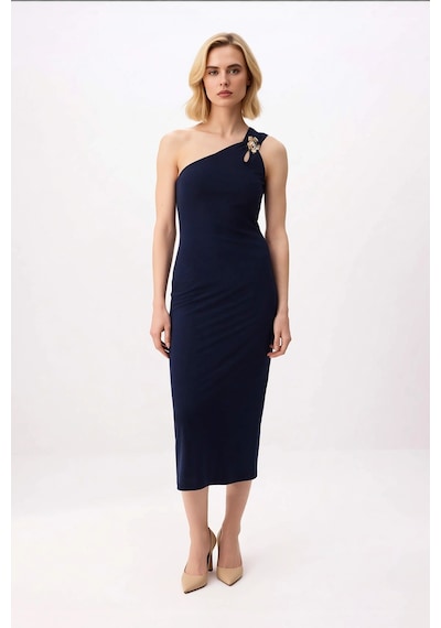 Benerly Kadın Asimetrik Yaka Tek Omuz Bodycon Midi Elbise Aksesuar Detayl Lacivert