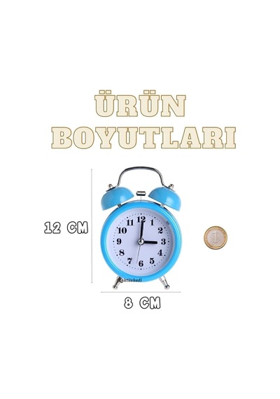 Mini Yuvarlak Çalar Saat, Mavi, Metal, 12x8 Cm, Işıklı, Alarmlı, Dekoratif Masa Saati Diğer