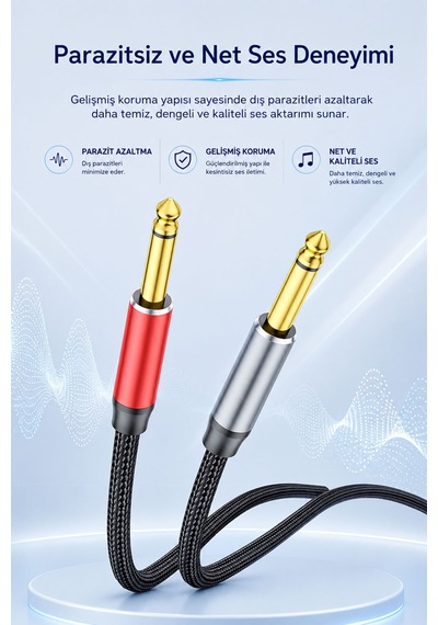 3.5mm - Çift 6.35mm Stereo Ses Kablosu 1.5 Metre, Amfi Mixer Gitar Hoparlör Sahne Ekipmanı Uyumlu, Sağ Sol Kanal, Altın Kaplama, Naylon Örgülü, Parazit Önleyici A160e