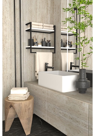 Aju Havluluk 2 Katlı Duvara Monte Raf Aksesuarlık Şal Askılığı Banyo Mutfak Düzenleyici Çok Amaçlı Raf Beyaz