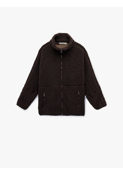 Koton Uzun Kollu Dik Yaka Cep Detaylı Fermuarlı Oversize Peluş Ceket Kahverengi 6wmg60028ık Kahve