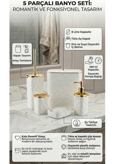 Makri Home 5 Parça Banyo Seti, Kalp Desenli, Beyaz Gold, Kare, Click Kapaklı, Hacim: 8 Litre Altın - Beyaz