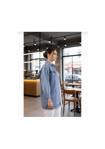 Hb Harma Time Butik Kadın Cep Detaylı Denim Mavi Kot Ceket Mavi Mavi