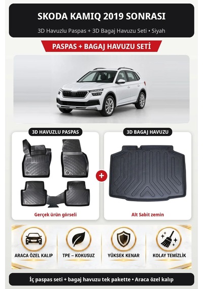 Skoda Kamiq 2019+ Uyumlu 3d Havuzlu Paspas + 3d Bagaj Havuzu Seti Alt Sabit Zemin Siyah