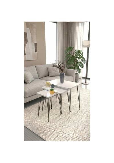 Metal Ayaklı Zigon Sehpa 3 Lü Set Beyaz