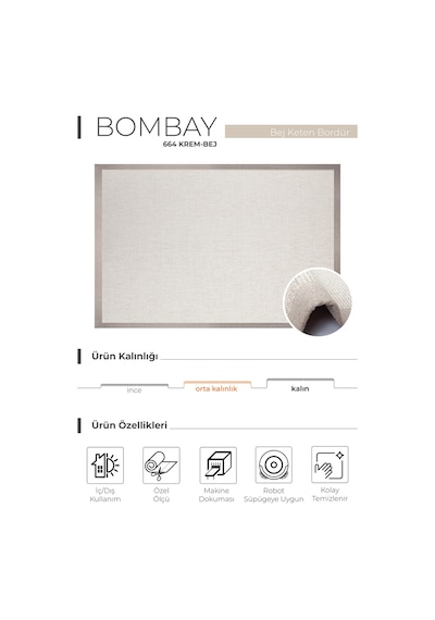 Bombay 664 Krem - Bej Hav Toz Vermez Kolay Temizlenen Hasır Doku Sisal Halı Krem - Bej