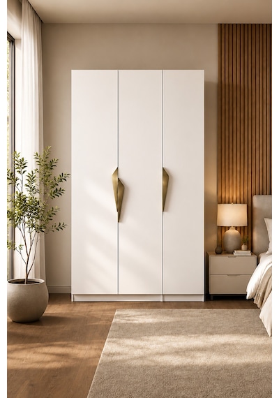 Gama 3 Kapaklı Çekmeceli+ Raflı Tasarım Kulplu 253 Cm Gardırop Elbise Dolabı Beyaz