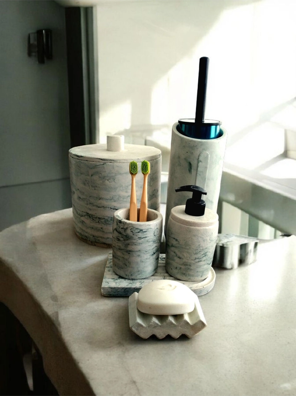 Yeşil Mermer Desen Beton Banyo Seti,çöp Kovasi,fırçalık,katı,sıvı Sabunluk,diş Fırçalık,mumluk Yeşil