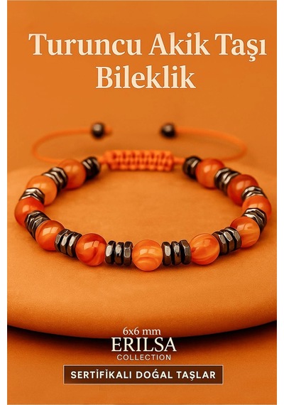 Sertifikalı Turuncu Akik Taşı Bileklik 6x6 Mm Canlılık, Cesaret Çok Renkli