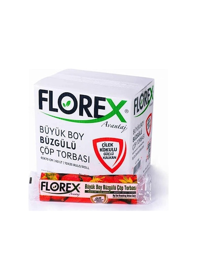 Florex 60 Litre Büzgülü Çilek Kokulu Çöp Torbası Poşeti / 65 x 70 CM - 10 x 5 Rulo / Paket